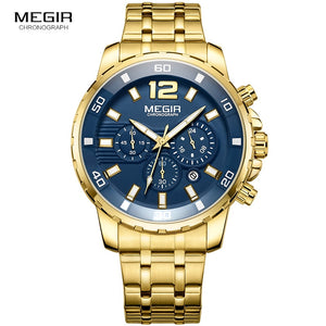 Megir Men's Gold Stainless Steel Quartz Watches Business Chronograph Analgue Wristwatch for Man Waterproof Luminous 2068GGD-2N3