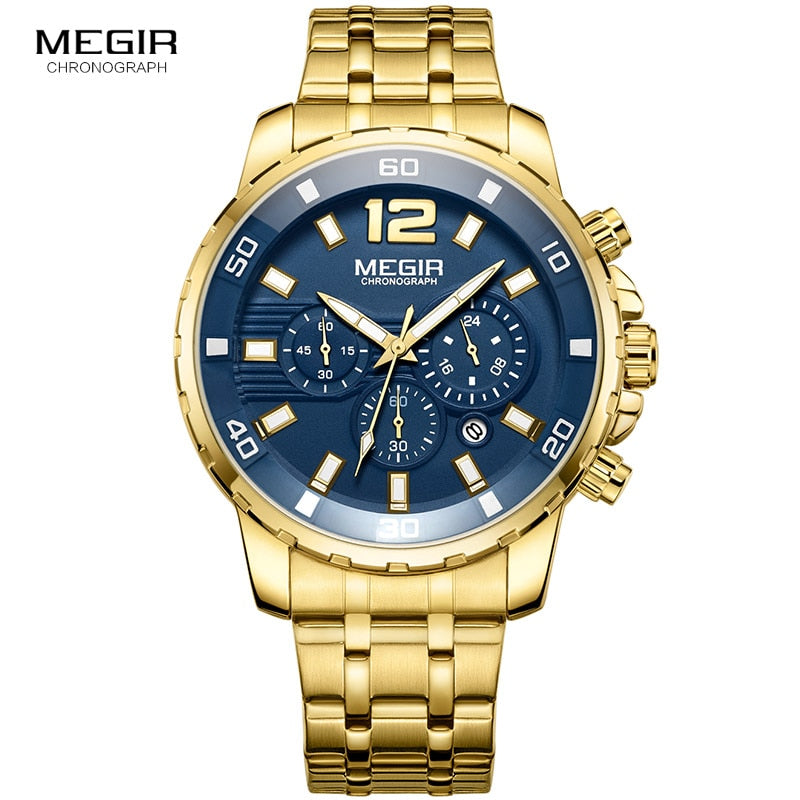 Megir Men's Gold Stainless Steel Quartz Watches Business Chronograph Analgue Wristwatch for Man Waterproof Luminous 2068GGD-2N3