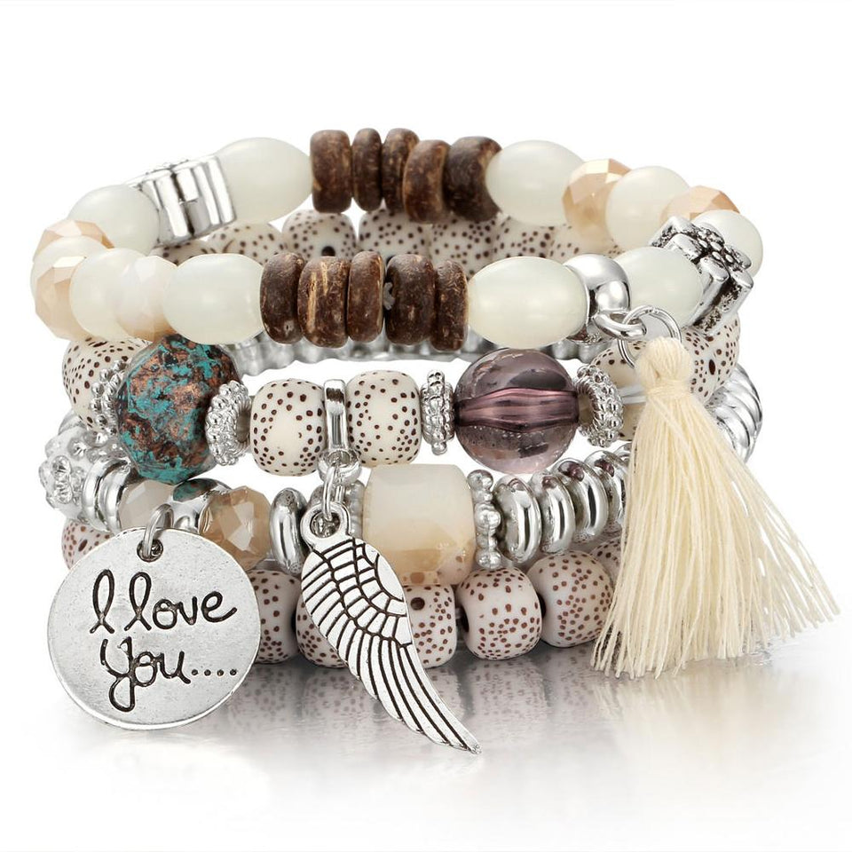Natural Stone Beads Bracelets For Women Wing Tassel Charm Bracelets & Bangles Set Boho Vintage Jewelry pulseras mujer moda 2019
