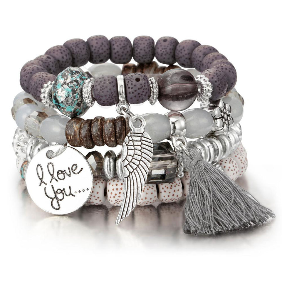 Natural Stone Beads Bracelets For Women Wing Tassel Charm Bracelets & Bangles Set Boho Vintage Jewelry pulseras mujer moda 2019
