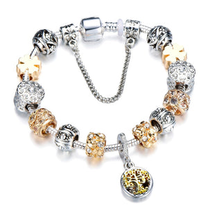 Vintage Silver Color Charm Bracelet with Tree of life Pendant & Gold Crystal Ball Pandora Bracelet Dropshipping