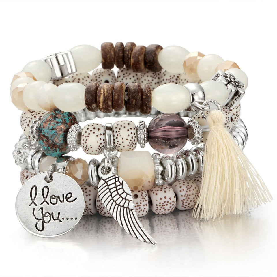 Natural Stone Beads Bracelets For Women Wing Tassel Charm Bracelets & Bangles Set Boho Vintage Jewelry pulseras mujer moda 2019