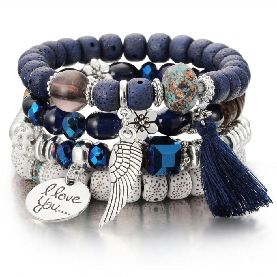 Natural Stone Beads Bracelets For Women Wing Tassel Charm Bracelets & Bangles Set Boho Vintage Jewelry pulseras mujer moda 2019