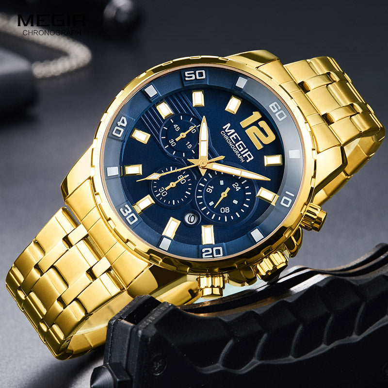 Megir Men's Gold Stainless Steel Quartz Watches Business Chronograph Analgue Wristwatch for Man Waterproof Luminous 2068GGD-2N3