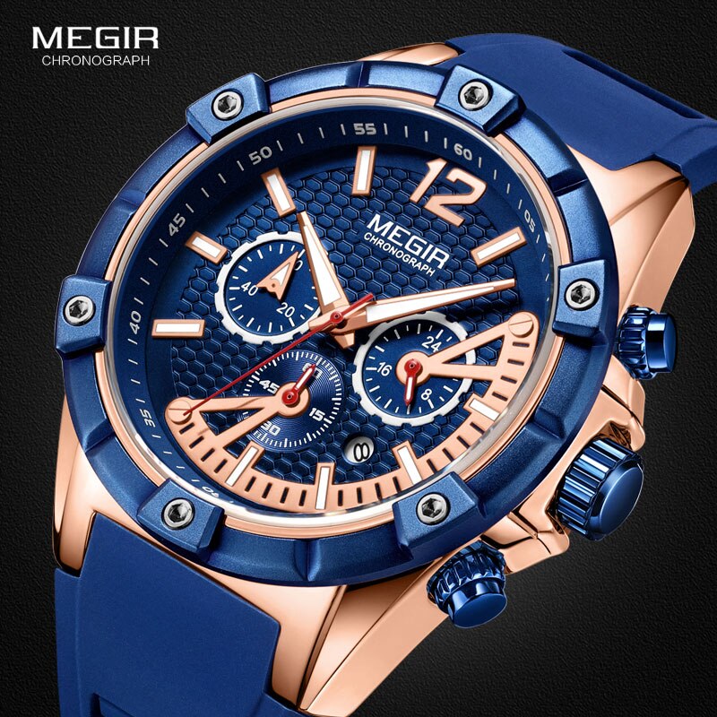 MEGIR Men's Sports Chronograph Quartz Wrist Watches Army Silicone Waterproof Stopwatch Relojios Masculinos Man ClockMN2083-2N0