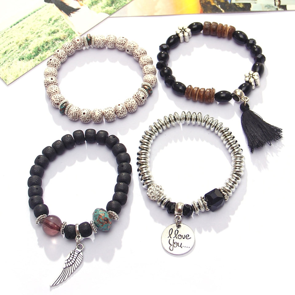 Natural Stone Beads Bracelets For Women Wing Tassel Charm Bracelets & Bangles Set Boho Vintage Jewelry pulseras mujer moda 2019