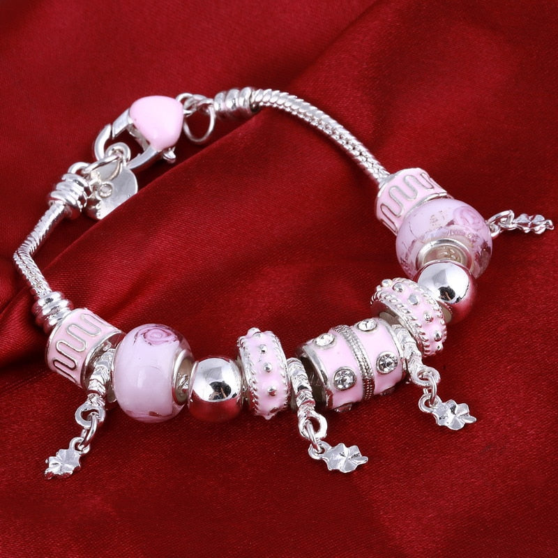 ZOSHI Pink Crystal Charm Silver Bracelets & Bangles for Women With Aliexpress Murano Beads Silver Bracelet Femme Jewelry