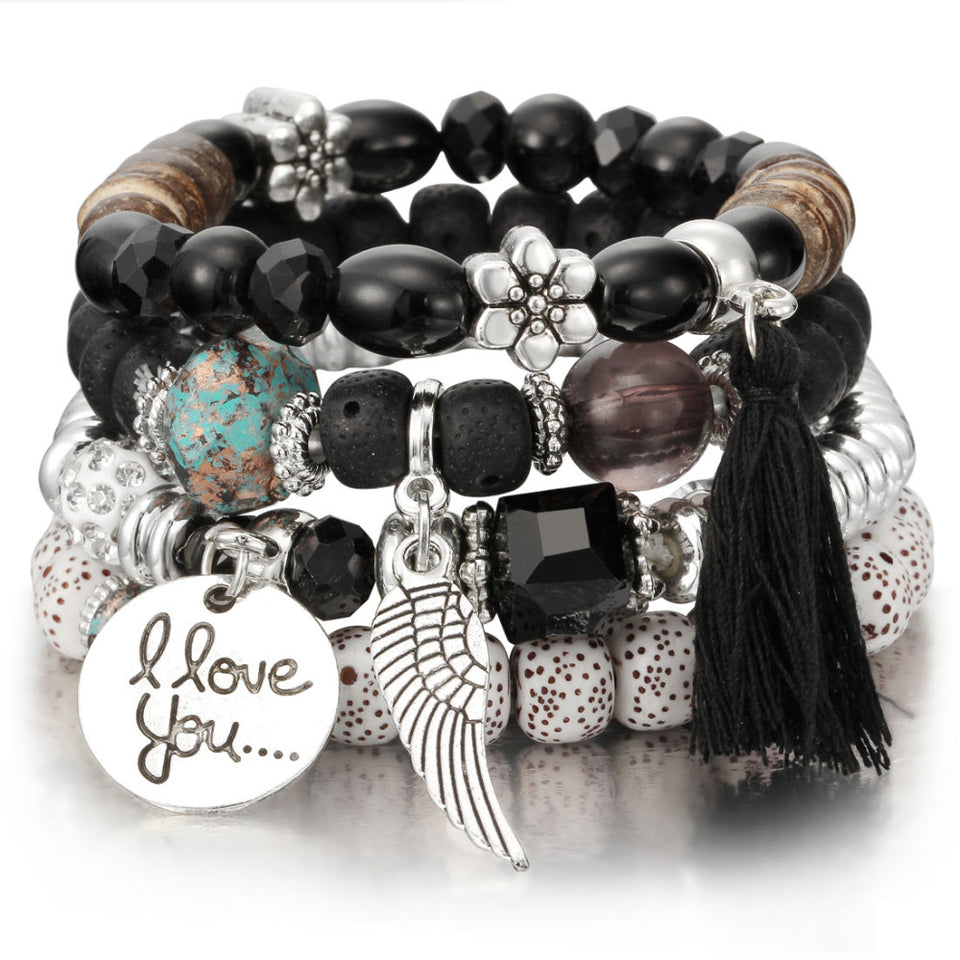 Natural Stone Beads Bracelets For Women Wing Tassel Charm Bracelets & Bangles Set Boho Vintage Jewelry pulseras mujer moda 2019