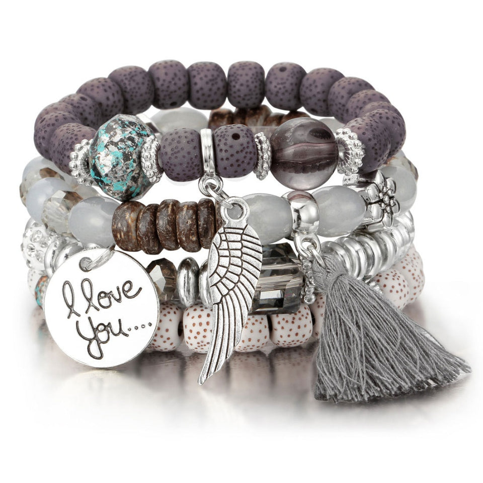 Natural Stone Beads Bracelets For Women Wing Tassel Charm Bracelets & Bangles Set Boho Vintage Jewelry pulseras mujer moda 2019