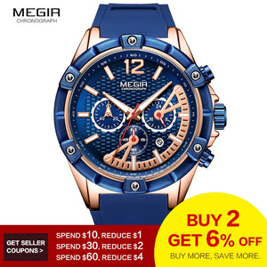 MEGIR Men's Sports Chronograph Quartz Wrist Watches Army Silicone Waterproof Stopwatch Relojios Masculinos Man ClockMN2083-2N0