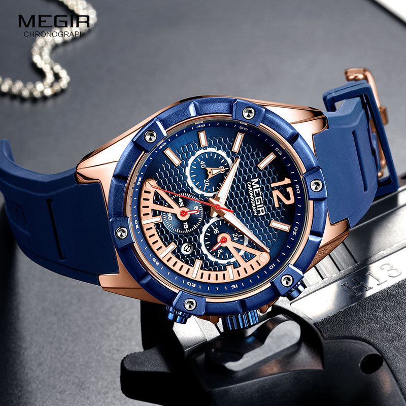 MEGIR Men's Sports Chronograph Quartz Wrist Watches Army Silicone Waterproof Stopwatch Relojios Masculinos Man ClockMN2083-2N0