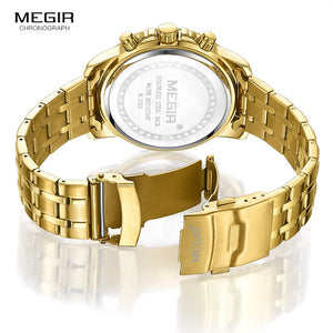 Megir Men's Gold Stainless Steel Quartz Watches Business Chronograph Analgue Wristwatch for Man Waterproof Luminous 2068GGD-2N3