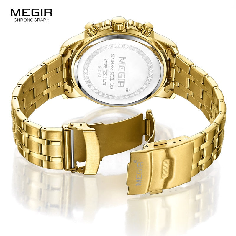 Megir Men's Gold Stainless Steel Quartz Watches Business Chronograph Analgue Wristwatch for Man Waterproof Luminous 2068GGD-2N3